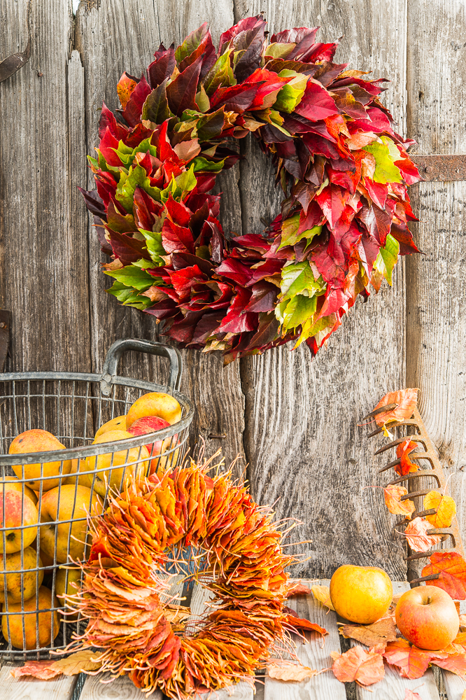 Herbstblätter als Kranz geflochten